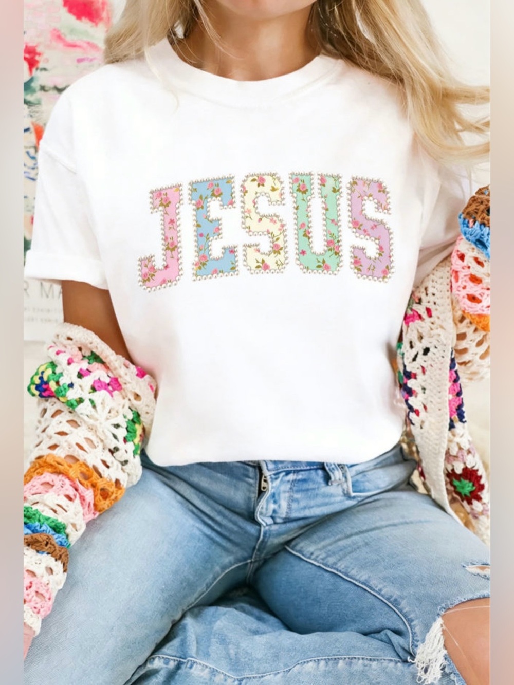 XoXo Tee with Floral "JESUS" Applique ✨